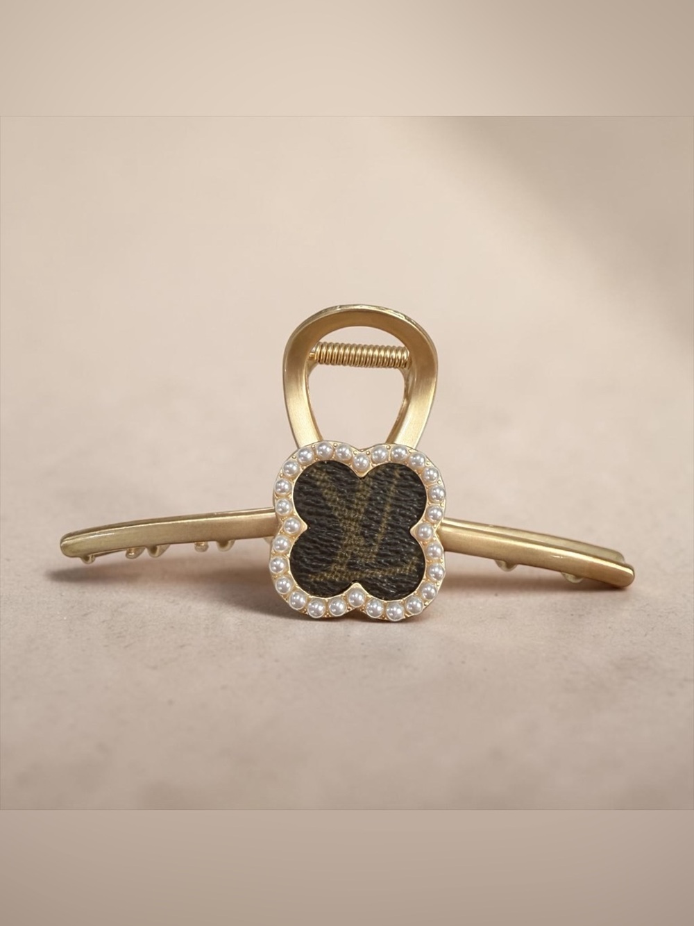 Handmade Hair Claw Clip Upcycled Louis Vuitton Monogram Pearl Clover Gold